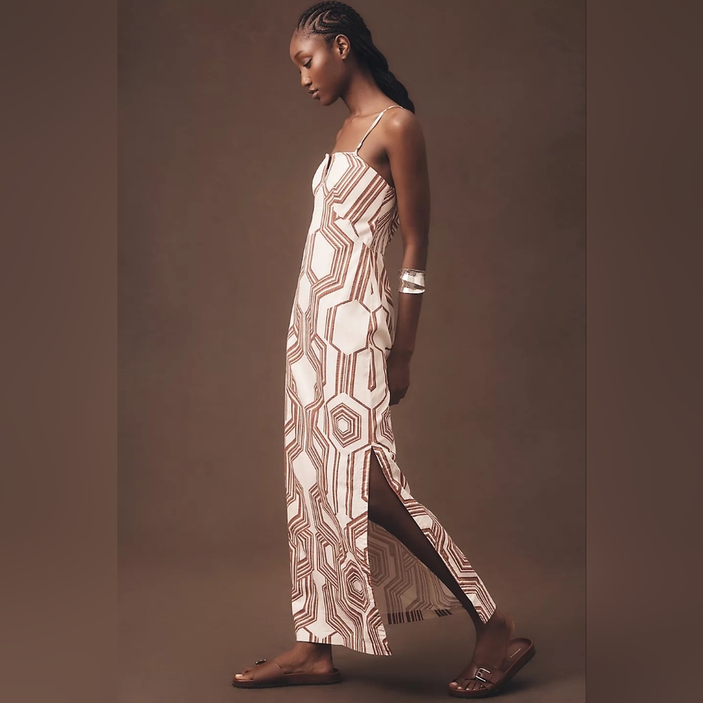 Anthropologie Strapless Geometric Dress in Cream and Brown - Picture 4 of 9